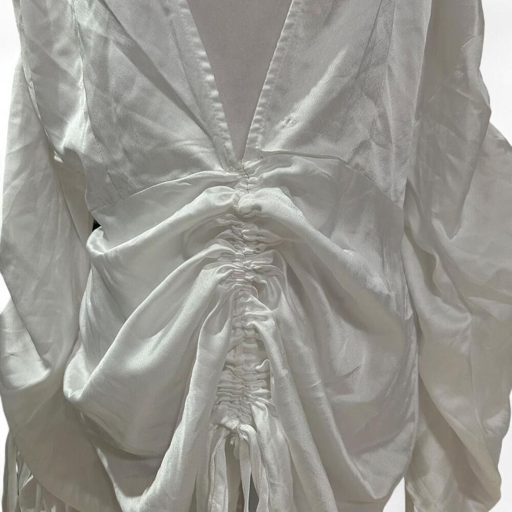 White Satin Plunge Ruched Front Dress - Picture 2 of 8